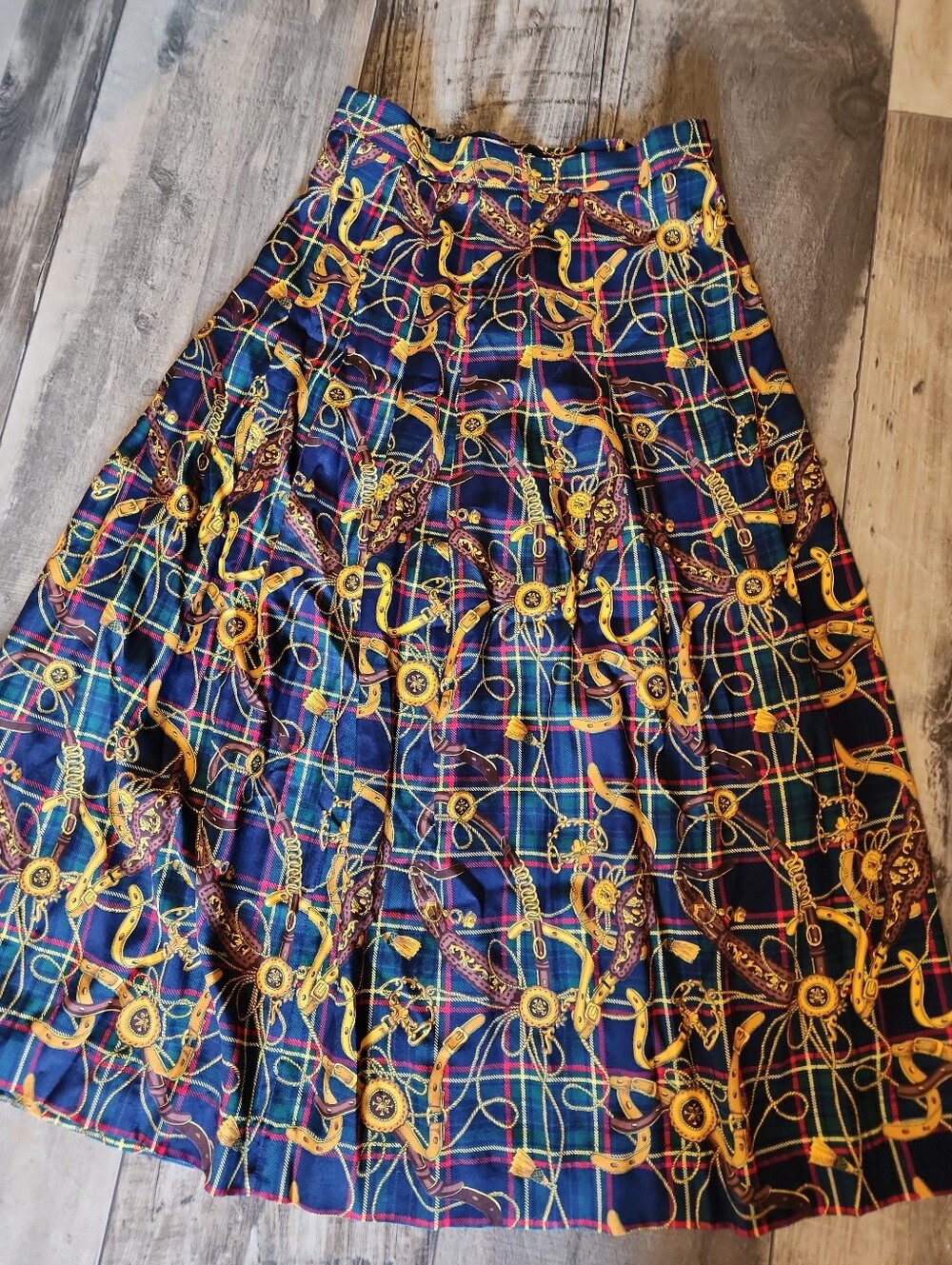 JH Collectibles Equestrian Skirt Navy Plaid & Gold Chain Vintage Maxi Pleated 8
